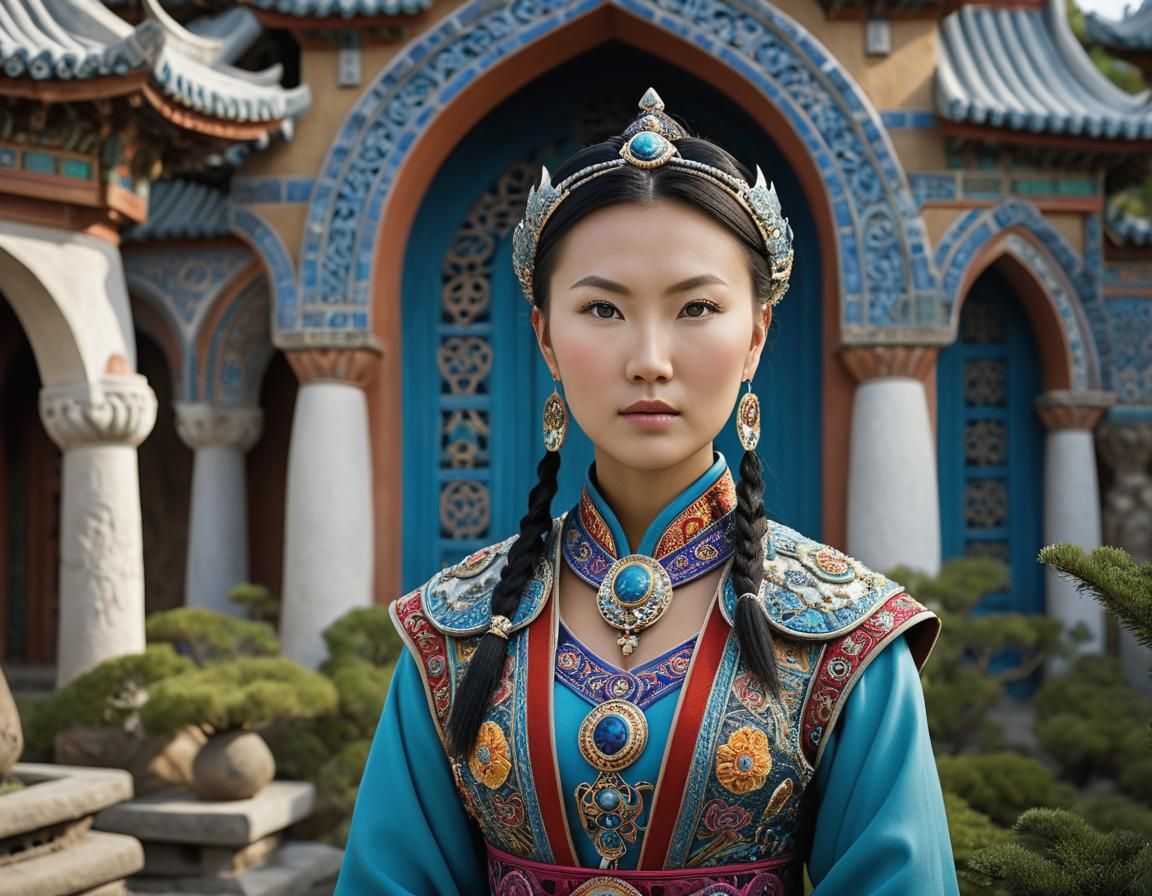 Mongolian-Inuit Woman in Gaudi-esque Temple Garden