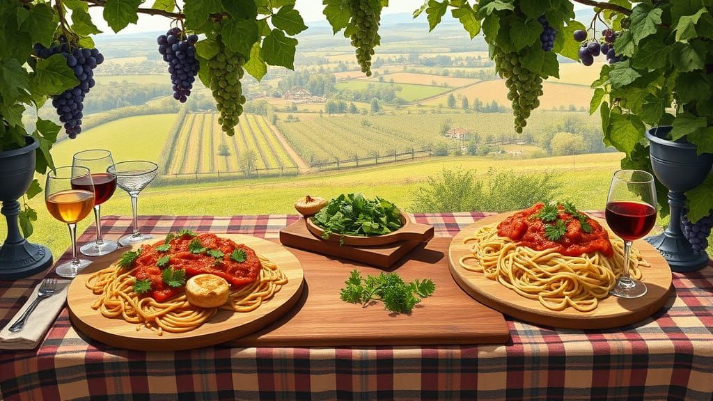 Gourmet Spaghetti Feast on Plaid Tablecloth