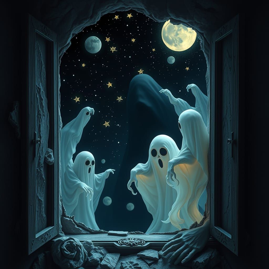 Ethereal Spirits in a Haunting Starry Night Scene
