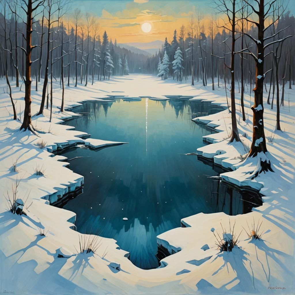 Frozen Lake: Cubist Minimalism in Contrasting Colors