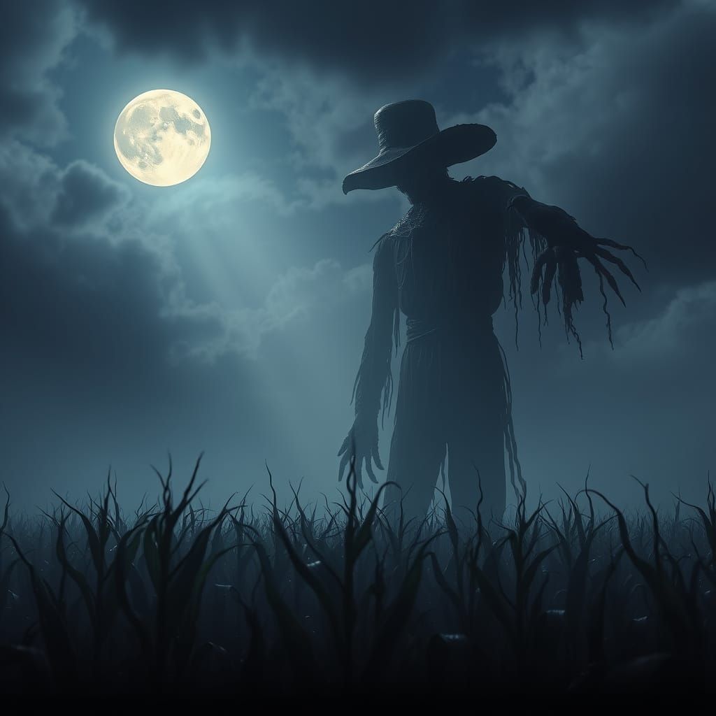 Creepy Scarecrow in Moonlight Cornfield