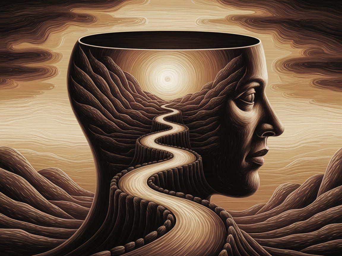 Surreal Oil Painting of Inner Journey Through Sunset Landsca...