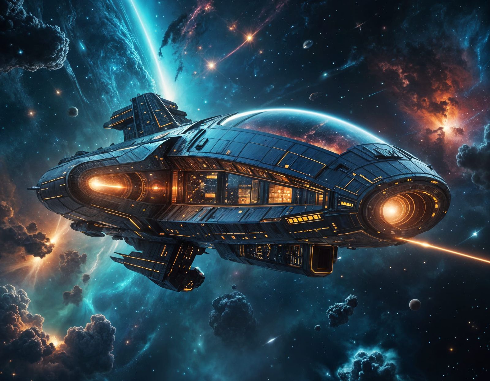 Art Deco Spaceship Voyage Through Cosmic Sea