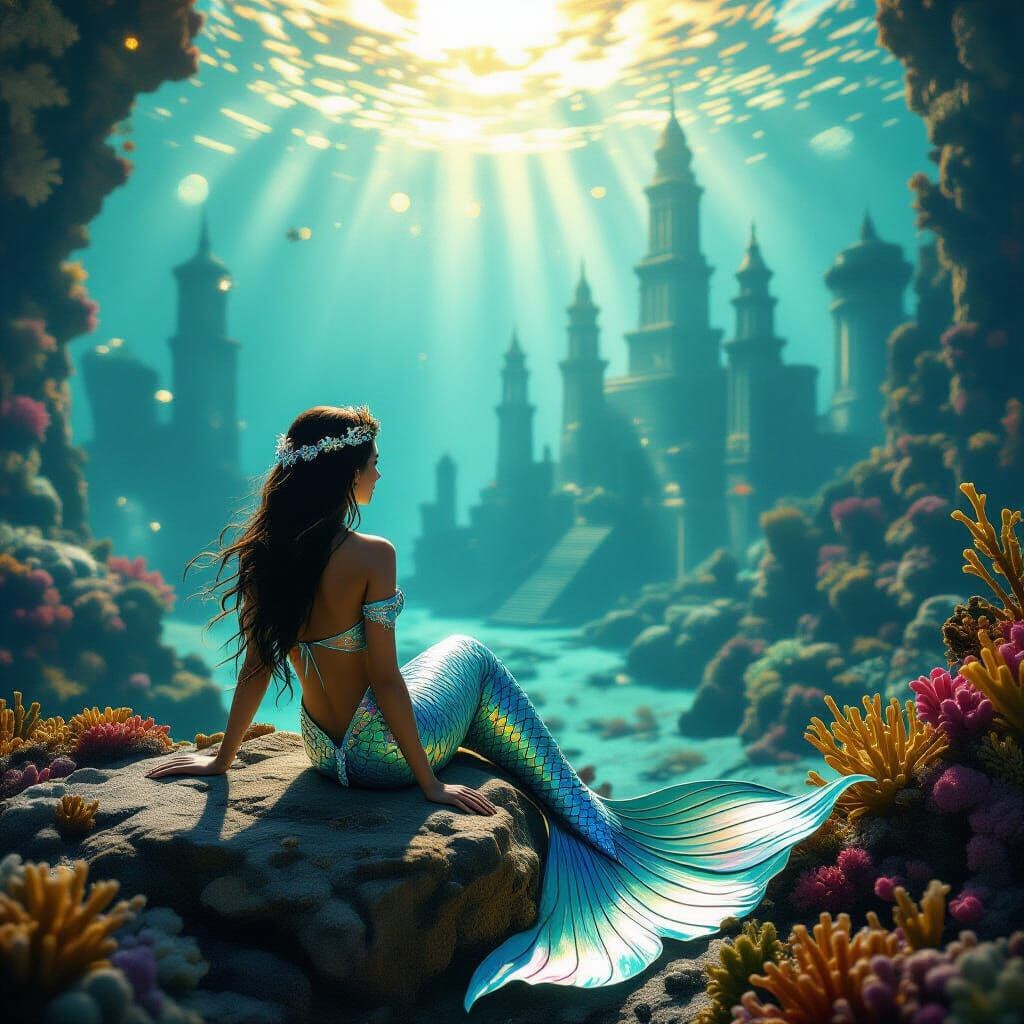 Mermaid Gazing at Atlantis in Golden Light