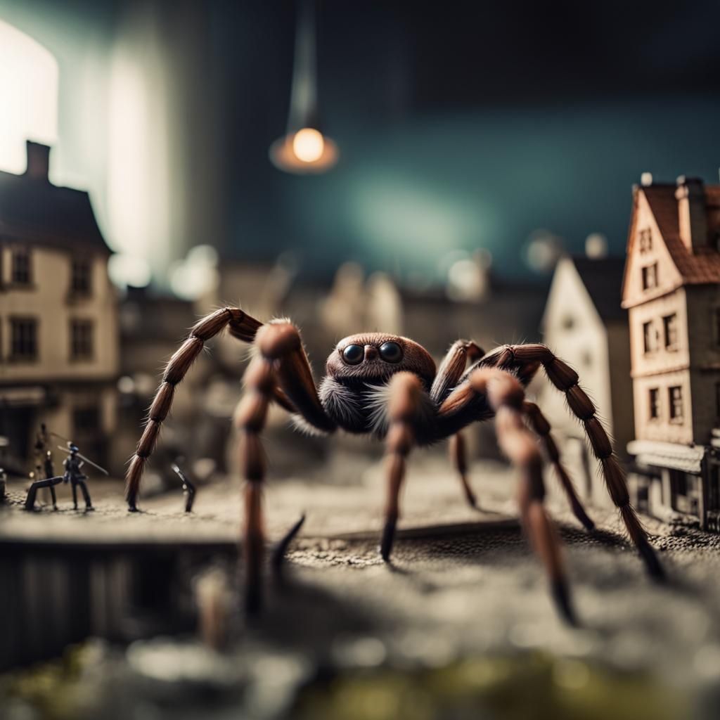 Dramatic Spider Climbs Miniature Town: Cinematic Still