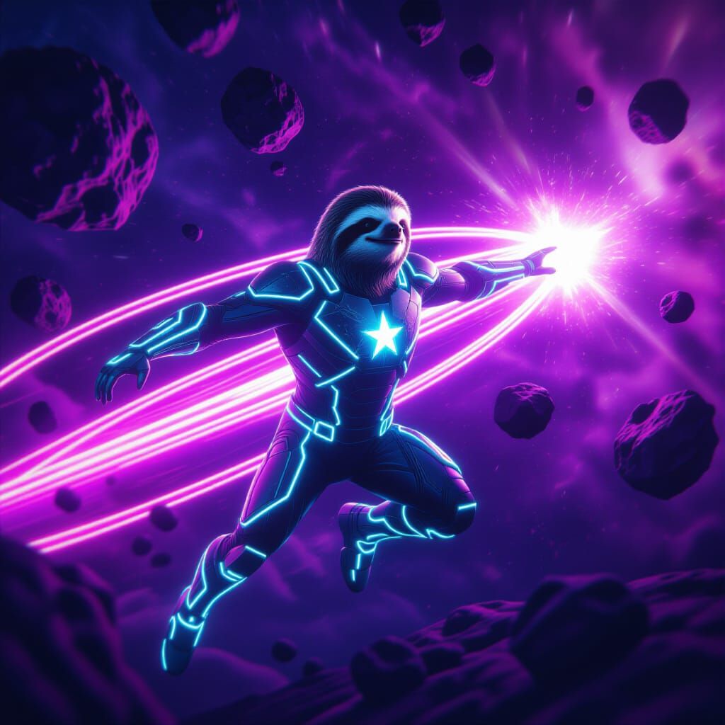 Cosmic Sloth Superhero Charges Energy Blast in Space