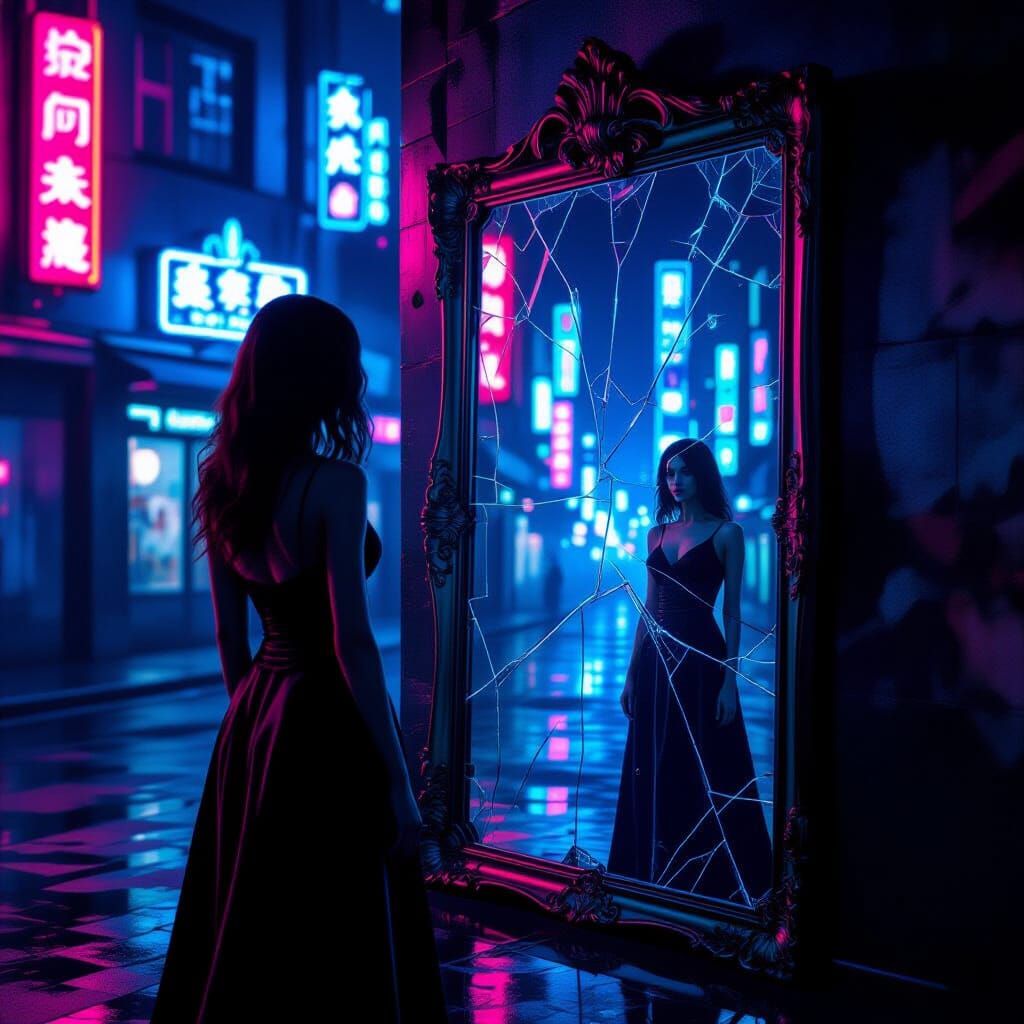 Woman's Reflection Shows Futuristic Cityscape in Dark Fantas...