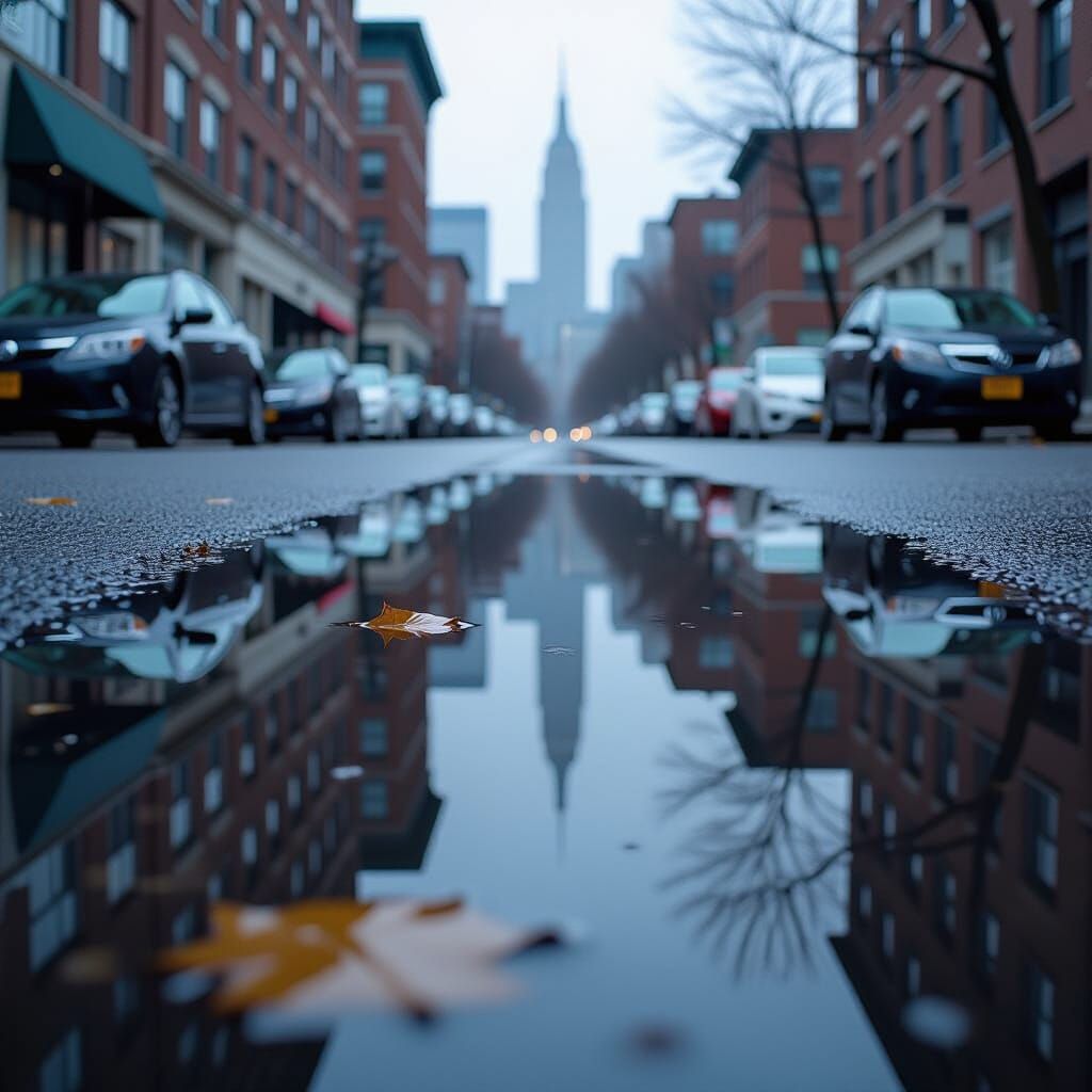 City Skyline Reflection in Puddle