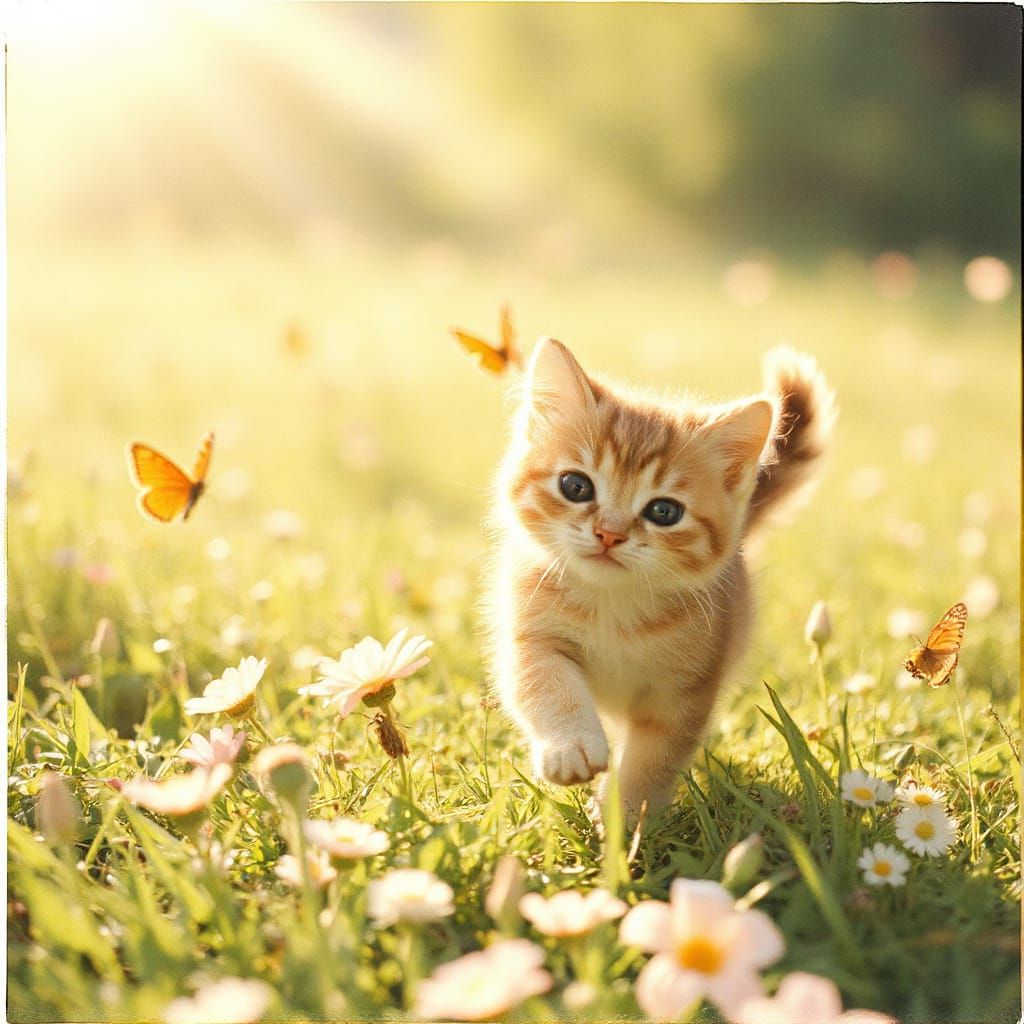 Kitten's Butterfly Chase: A Vintage-Style Meadow Scene