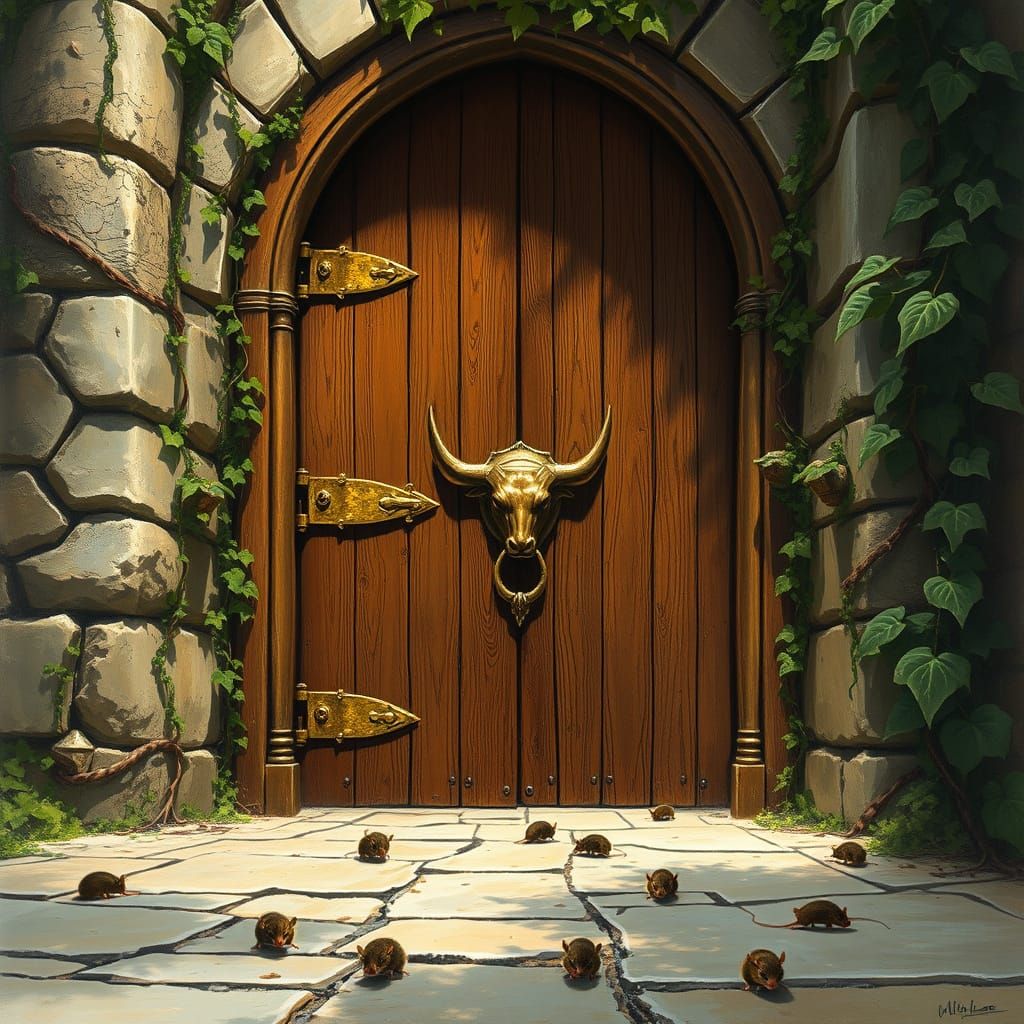 Ornate Wooden Door with Mice, in Fantasy Art Style