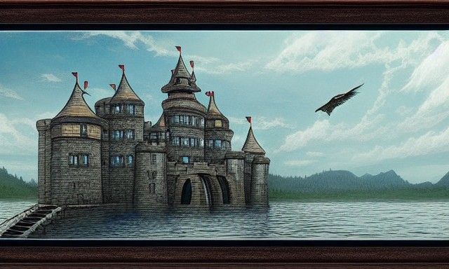 Open prompt:  impossible huge castle on a lake by Enki Bilal