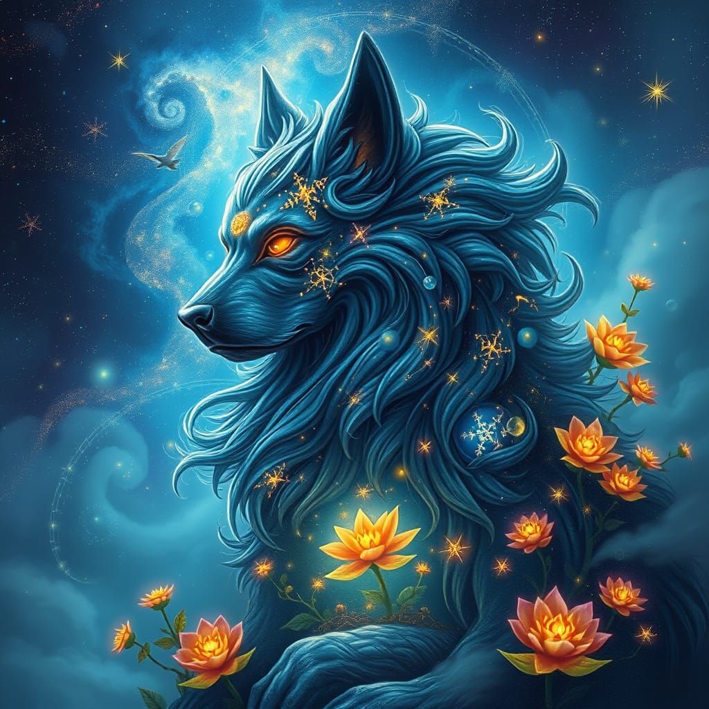 Celestial Guardian Dog of Stardust and Glowing Flora