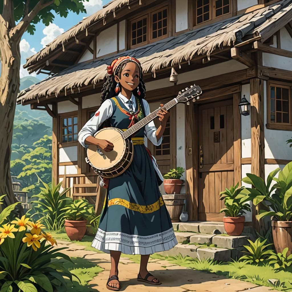 Jamaican Girl Playing Banjo in Anime Style