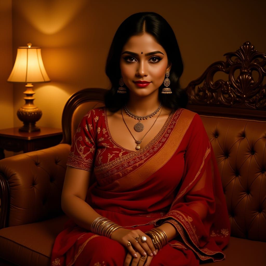 Elegant Indian Woman in Traditional Attire on Ornate Sofa