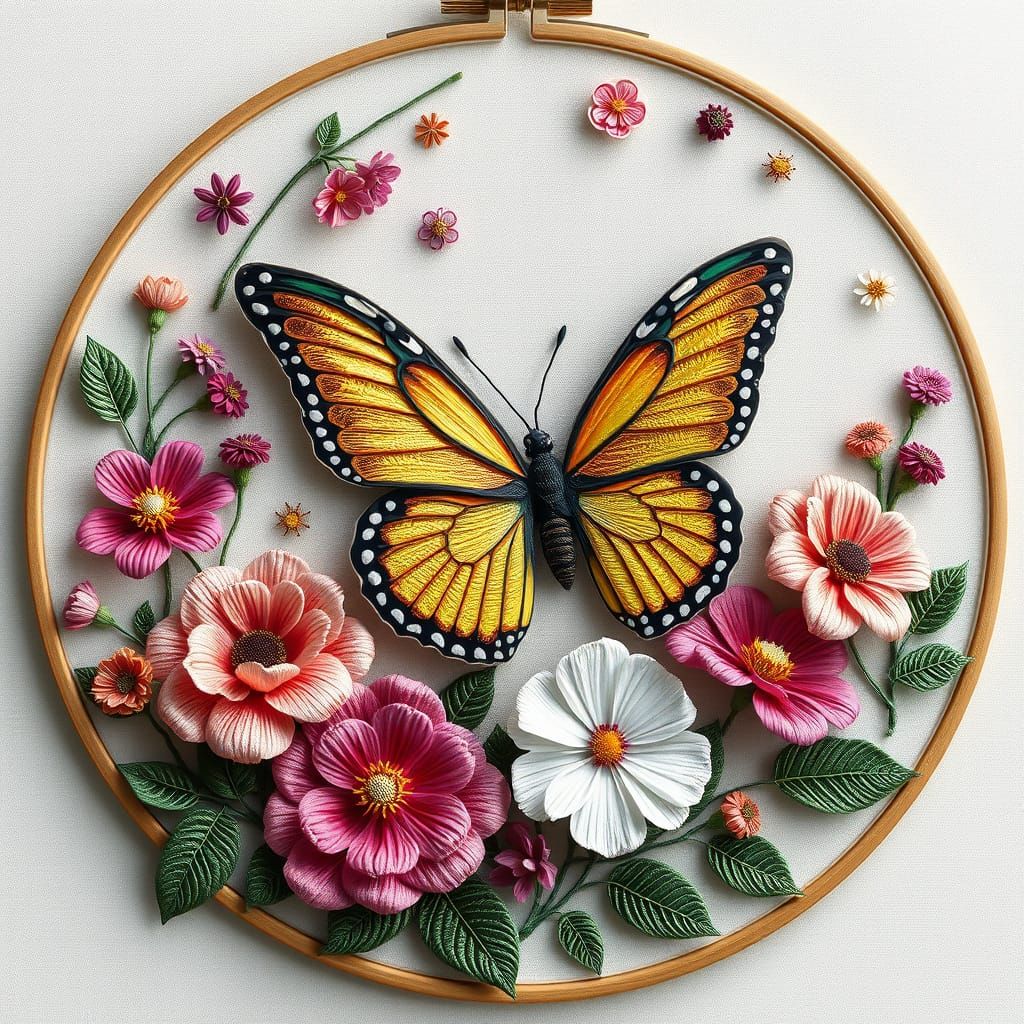Butterfly Embroidery Portrait in Mixed Media Style