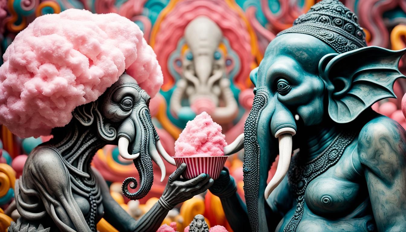 Cthulhu and Ganesh share a big Cotton Candy