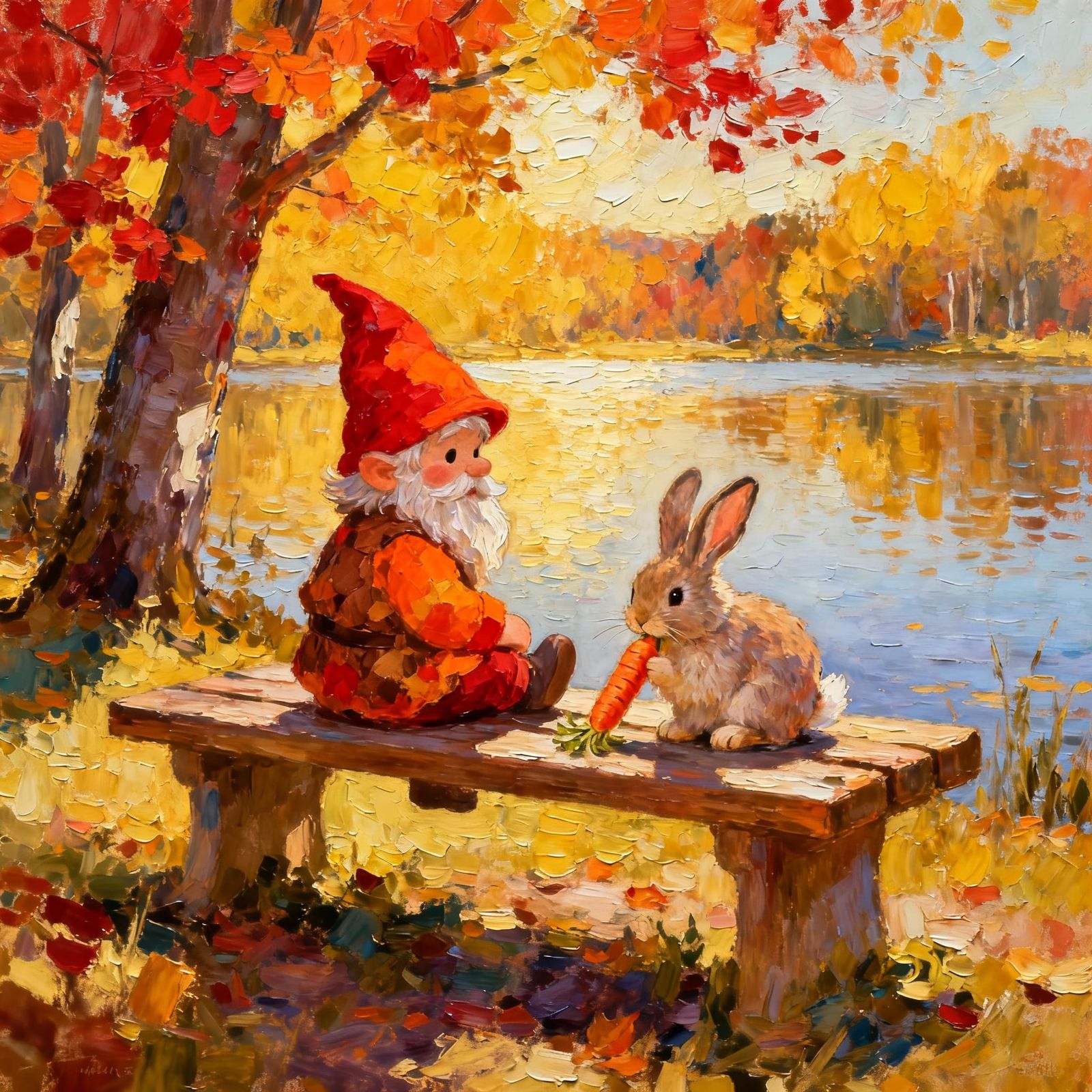 Gnome and Bunny on Bench in Fall Landscape