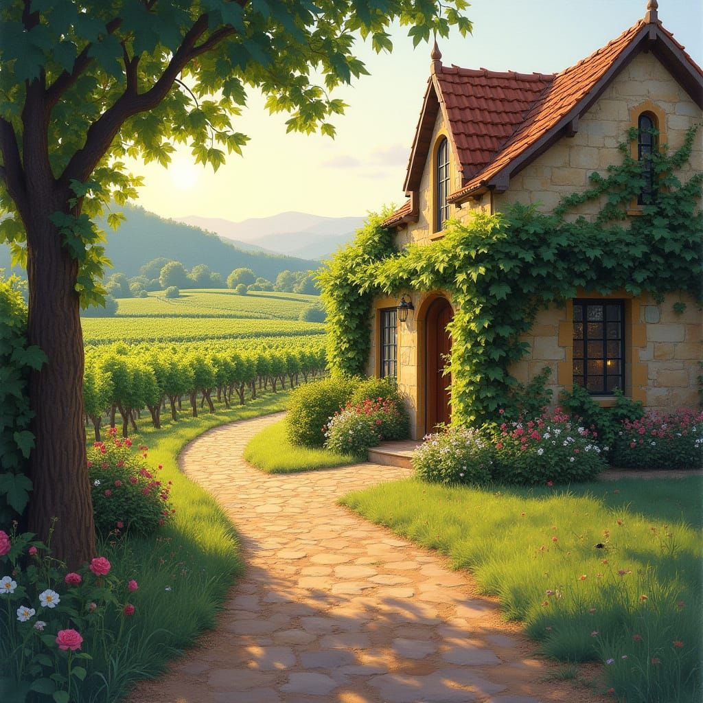 Idyllic Vineyard Landscape in Impressionist Style
