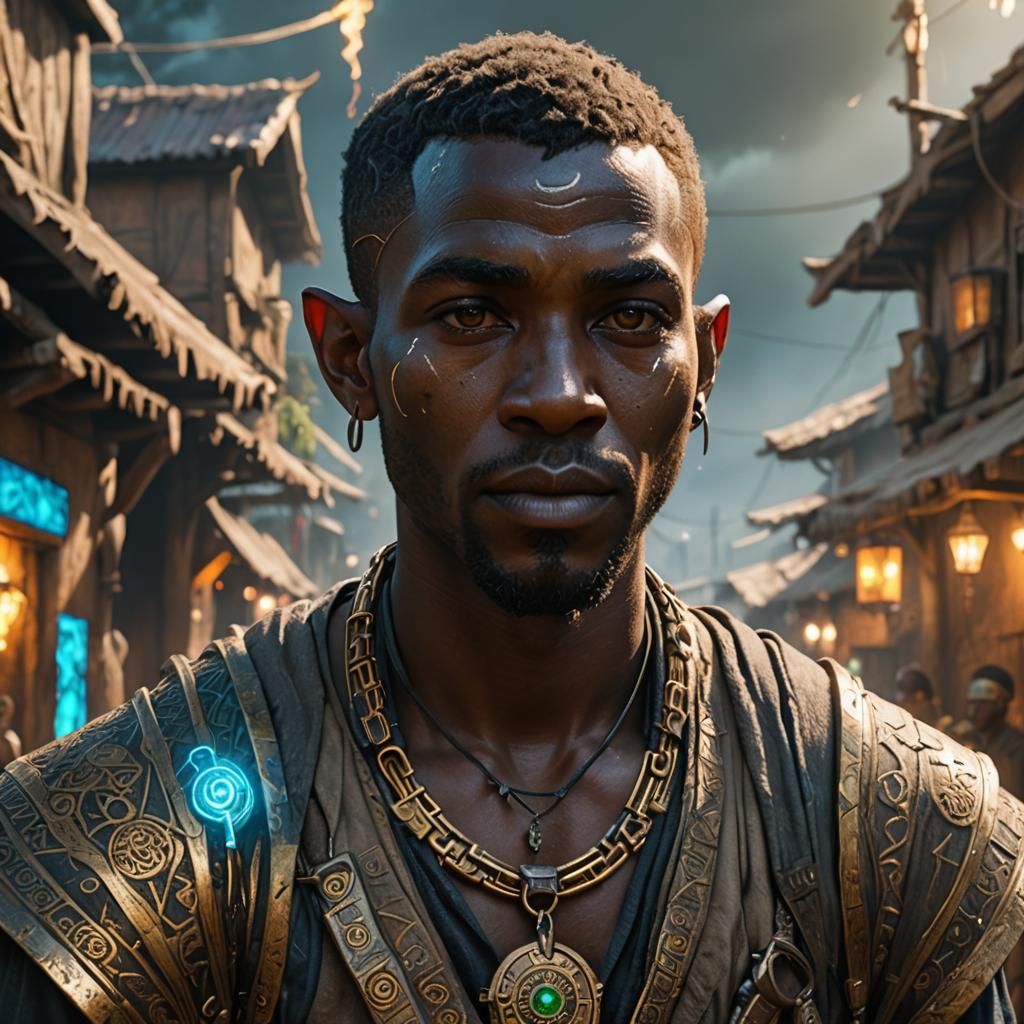African Elf Man Portrait in Cyberpunk Fantasy Style