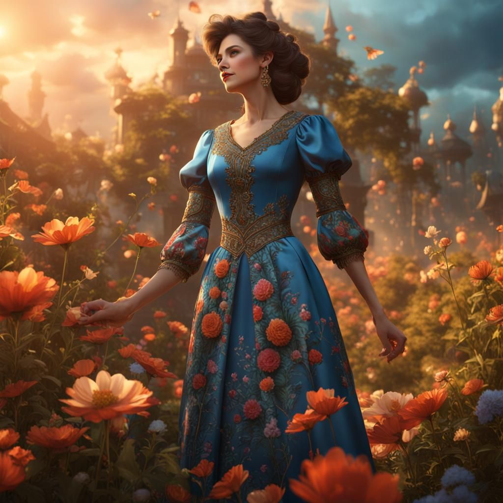 Smiling Lady in Floral Dress: Fantasy Concept Art