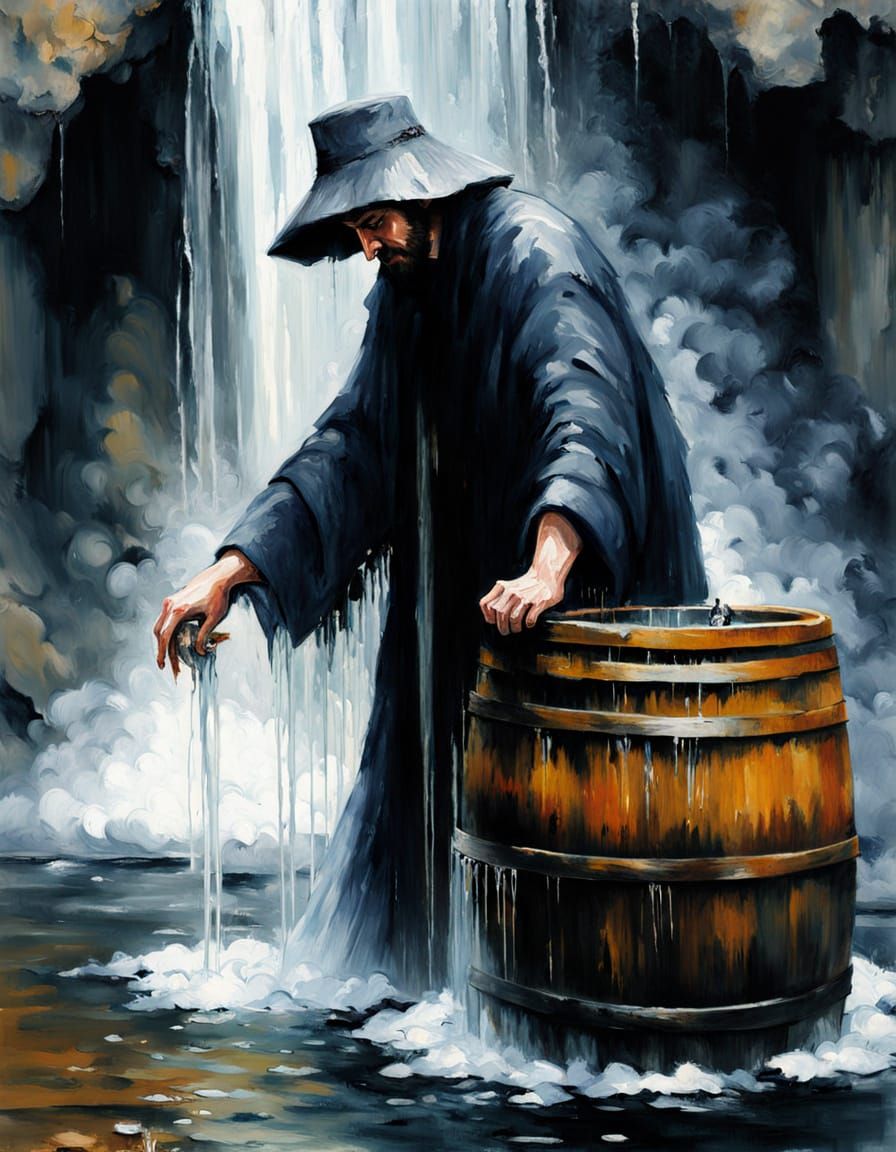 Man Filling Barrel Under Waterfall as Oil Painting