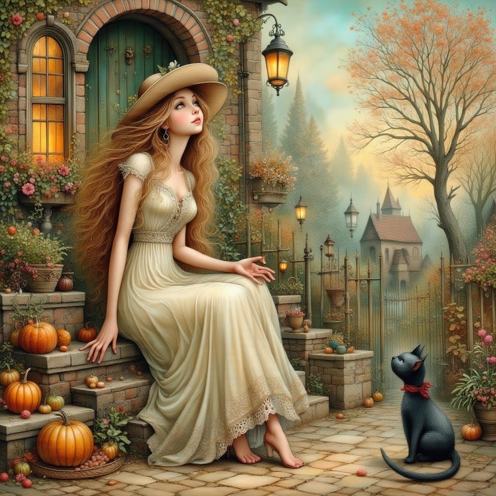 Whimsical Witch and Cat in Autumn Cottage