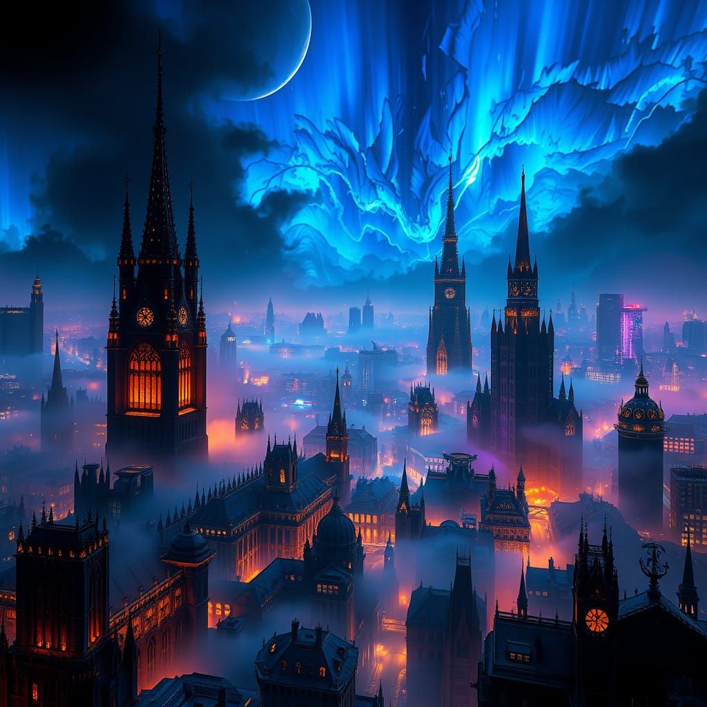 Cyberpunk Metropolis in Mysterious Nighttime