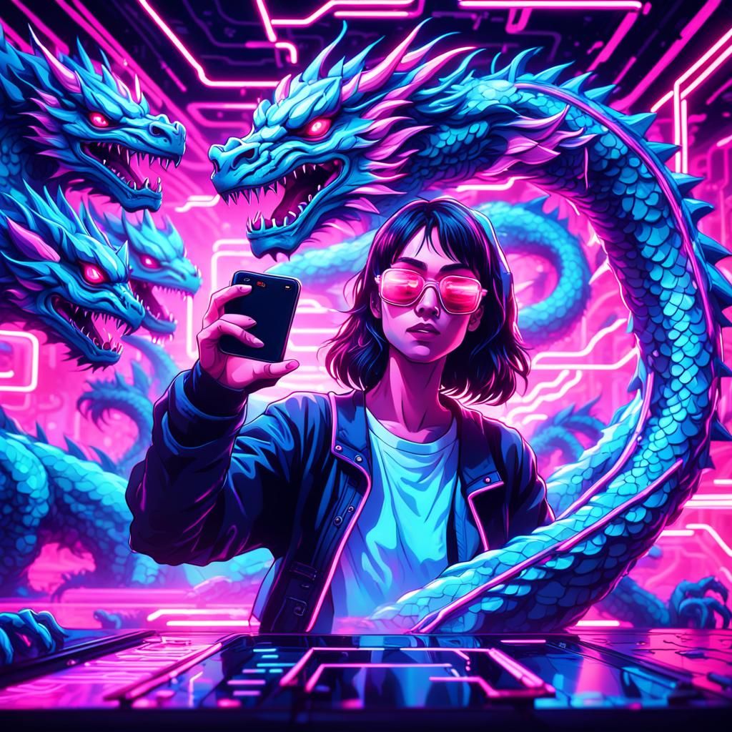 Neon Dragons Selfie: Synthwave Retro Digital Art
