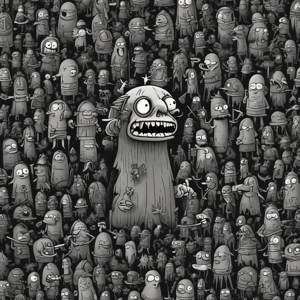 Groening-esque Grimdark Satirical Scene