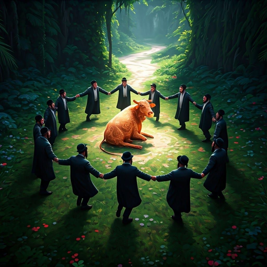 Joyful Hasidic Men Dance with a Majestic Cow in a Vibrant Wh...