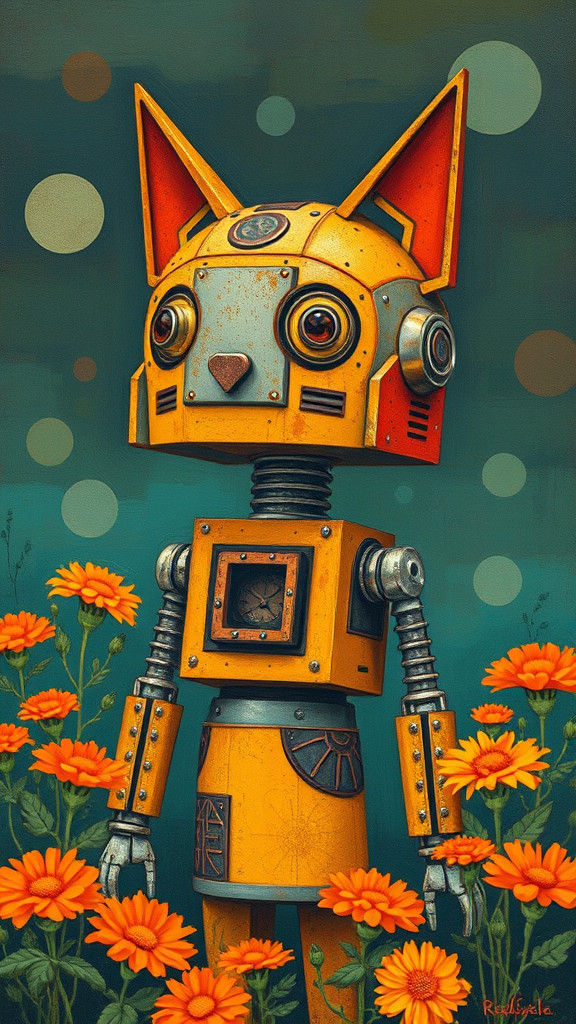 Geometric Aztec Bastet Robot with Marigolds