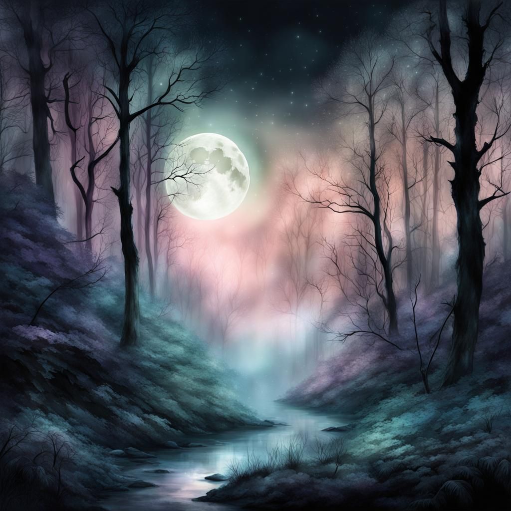 Ethereal Forest with Moon in Pastel Digital Painting