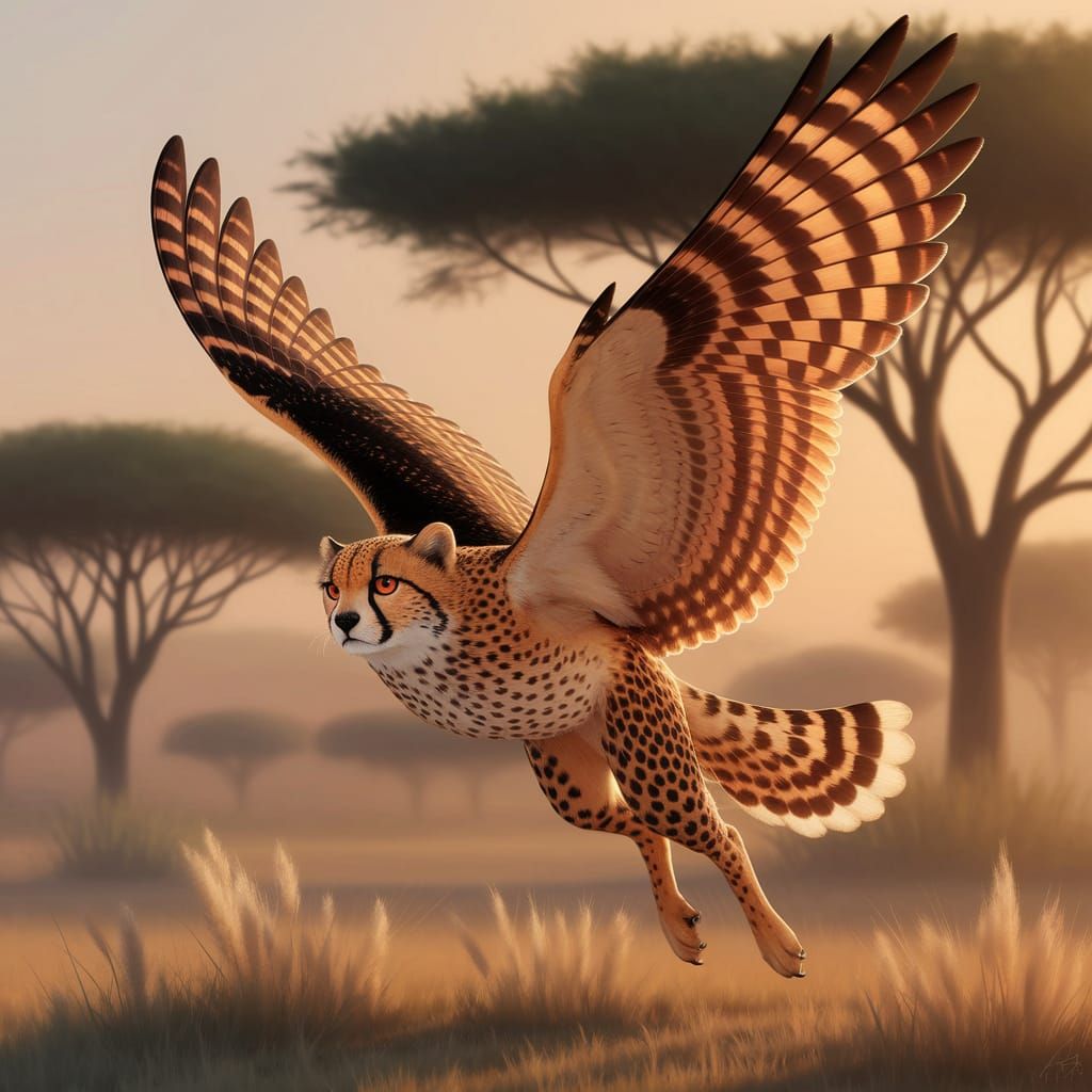 Majestic Cheetah-Owl Hybrid in Golden Light