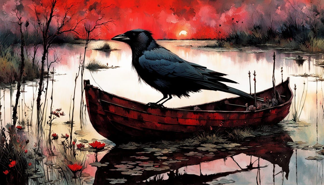 Vibrant Sunset Scene with Jackdaw and Swampy River in Impres...