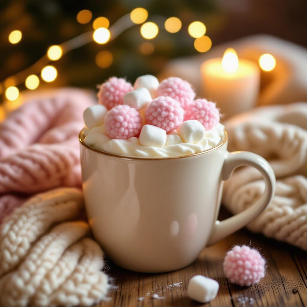Cozy Cocoa with Yarn Pom-Poms and Fairy Lights