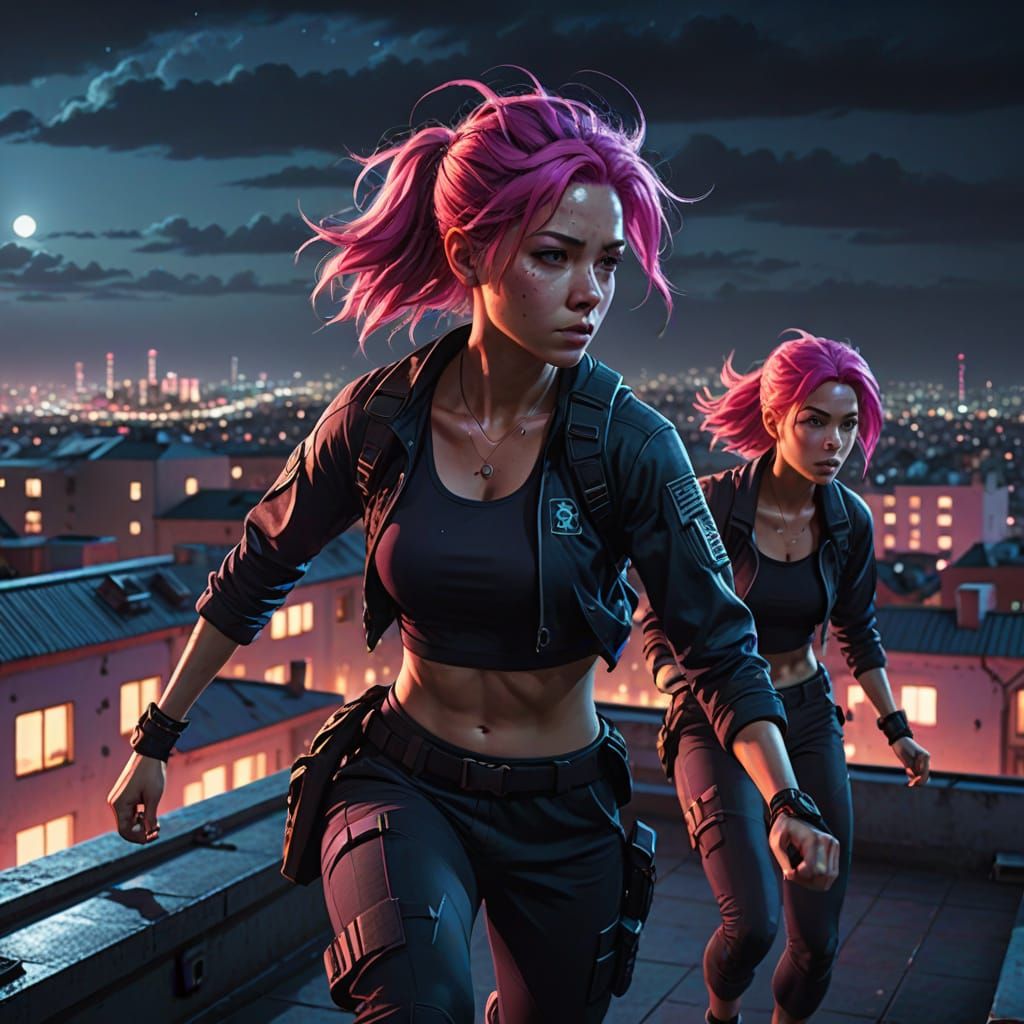 Women Training on Rooftop at Night - Cinematic Concept Art