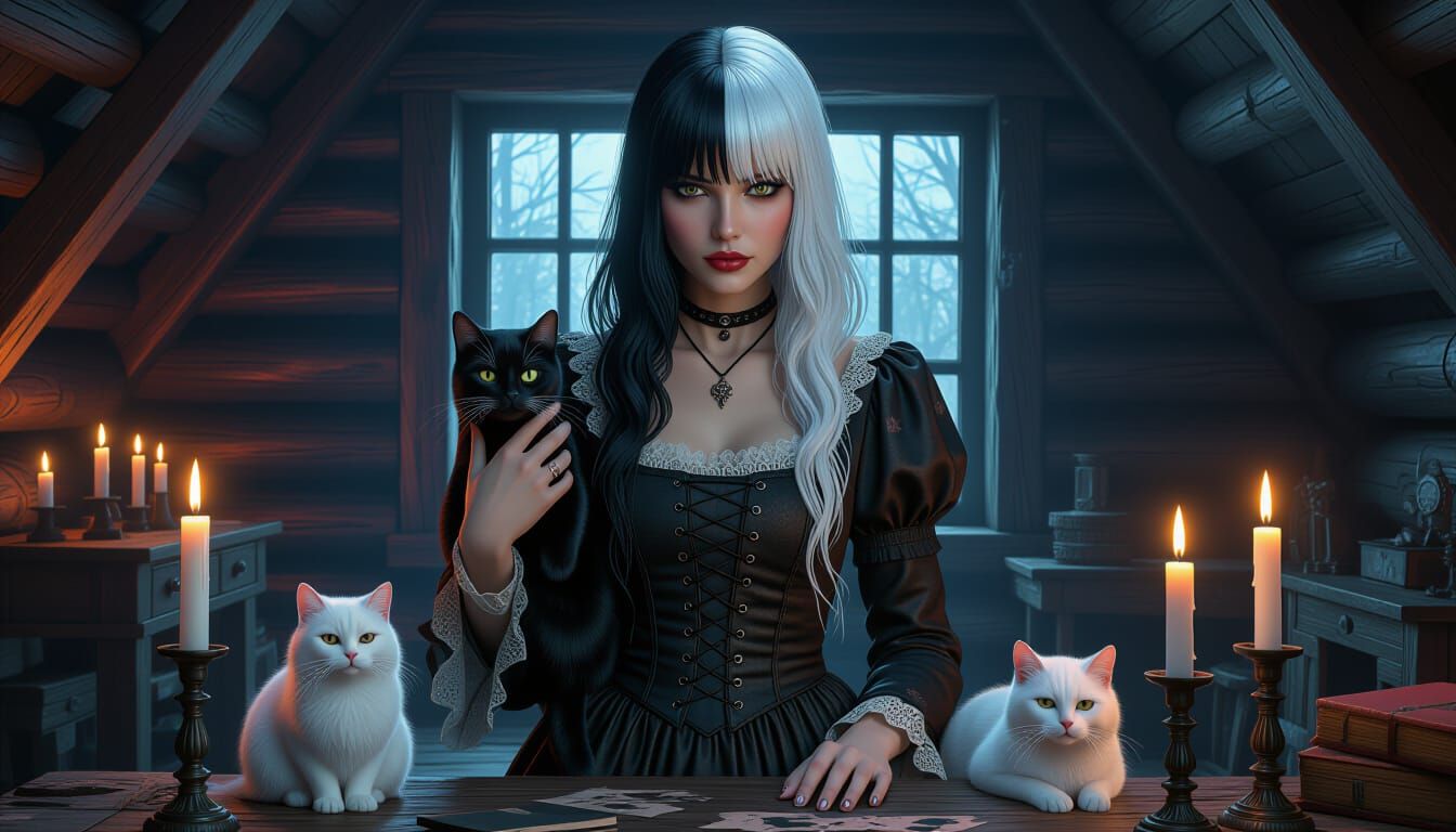 Wiccan Woman with Black and White Hair and Cats in Candlelit...