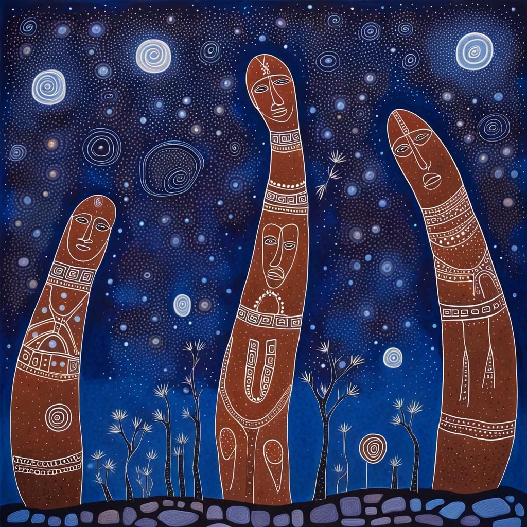 Wandjina Spirits in Aboriginal Rock Art Style