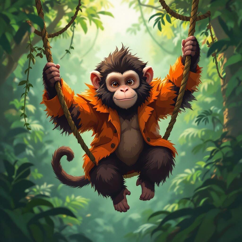 Bear-Headed Monkey Swinging Through Lush Jungle