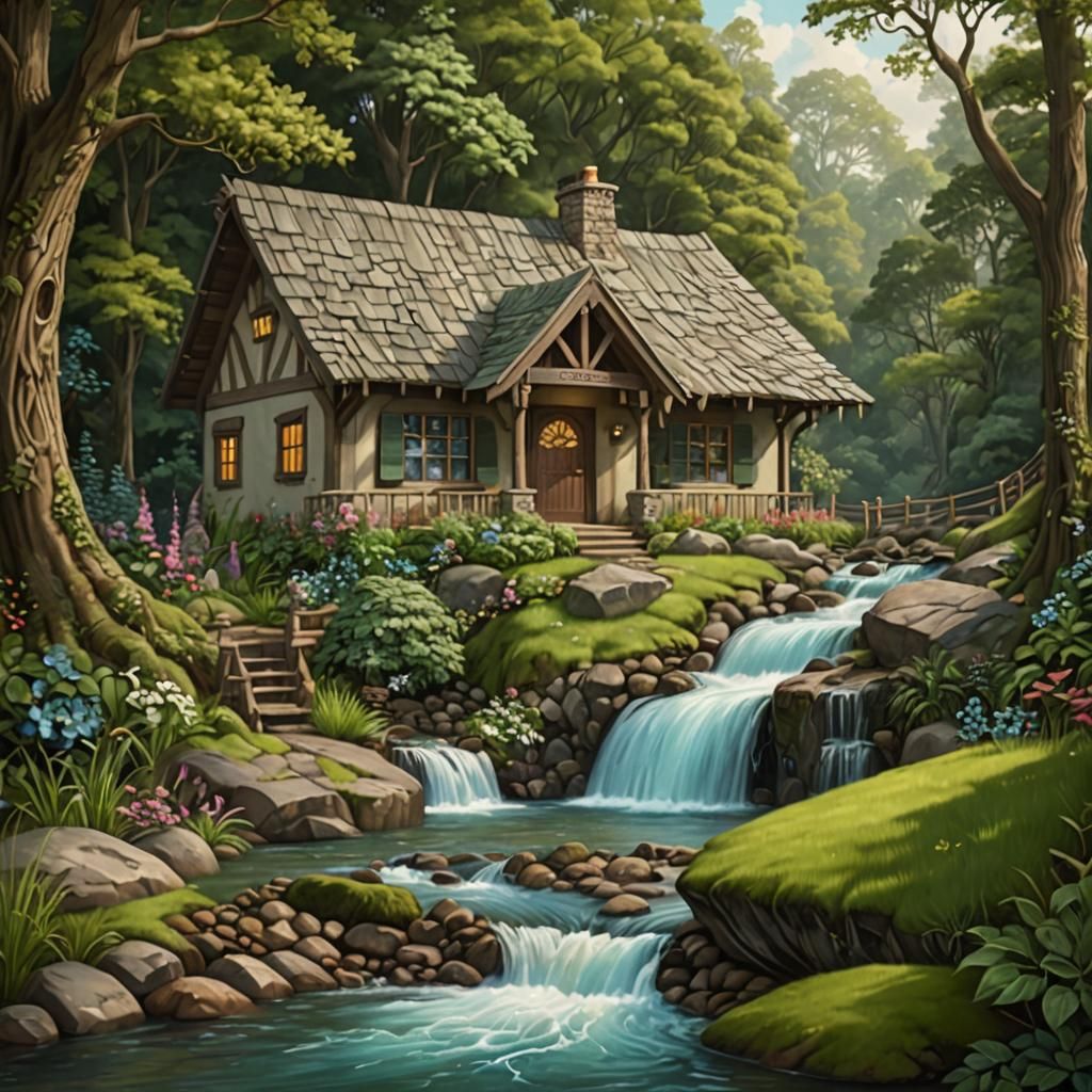 Whimsical Cottage Scene with Waterfall