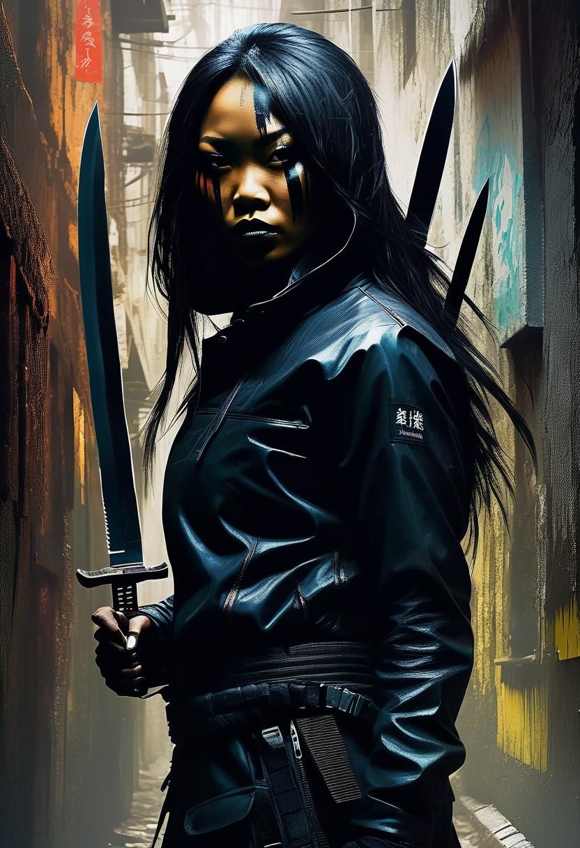 Creepy Asian Assassin in Dark Alley: Mixed-Media Photography