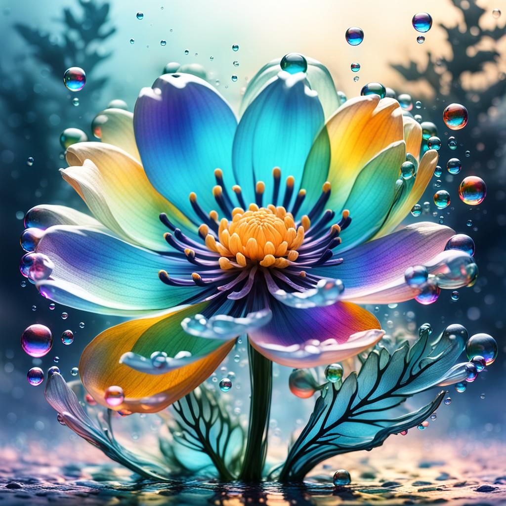 a transparent flower silhouette made of water, (dissipate, f...