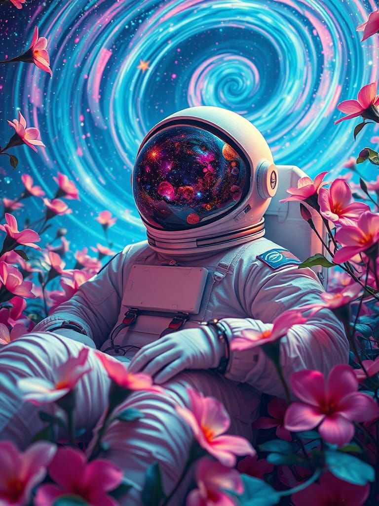 Cosmic Astronaut in Vibrant, Swirling Garden
