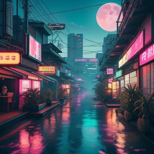 Cyberpunk Japanese Bar with Vaporwave Sunset