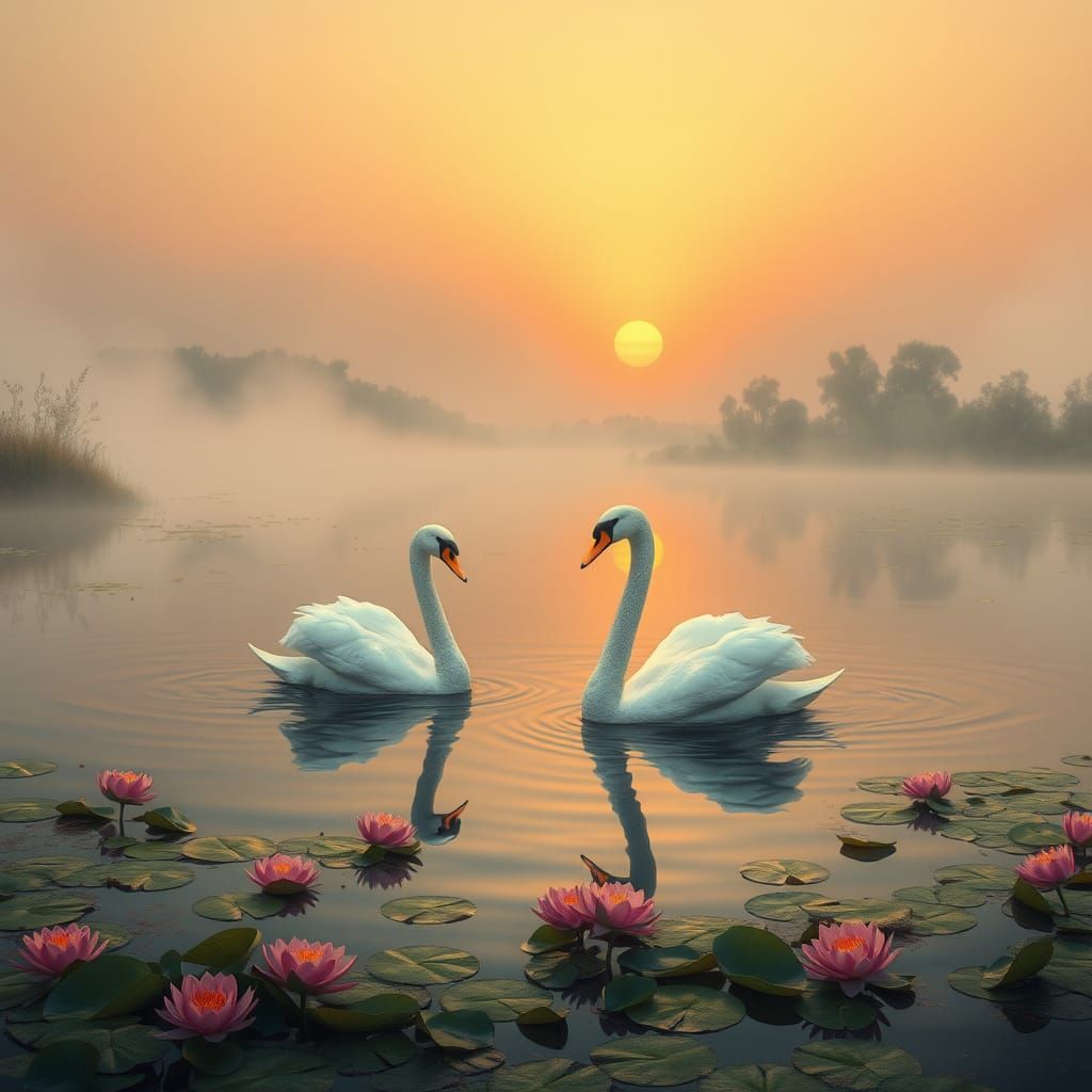 Dreamy Swans in Golden Light