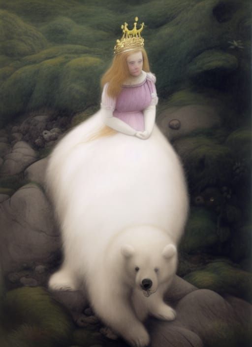 Princess and White Bear in Maximalist Landscape