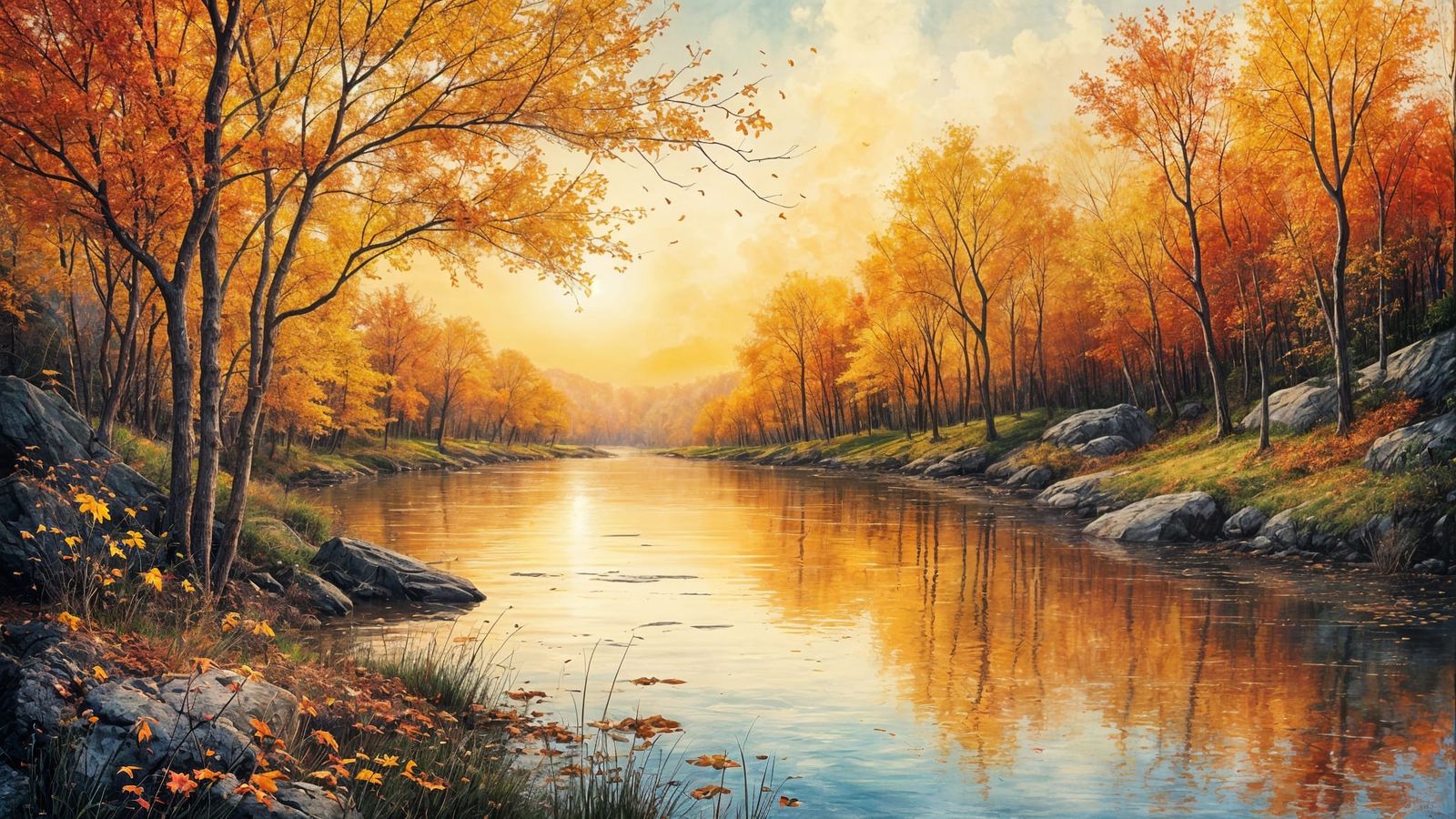 Summer Fades to Fall Landscape in Oil and Ink Style