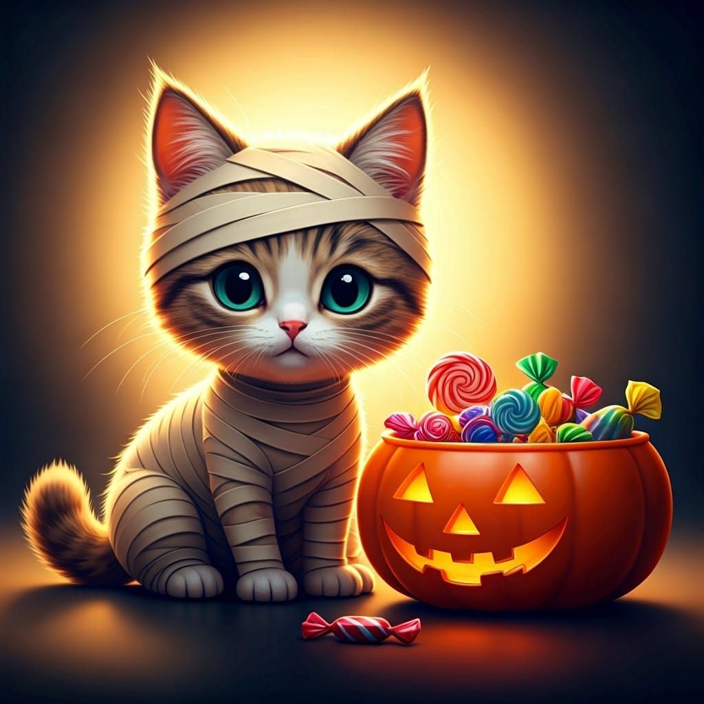 Chibi Kitten in Mummy Costume with Candy, 3D Rendered