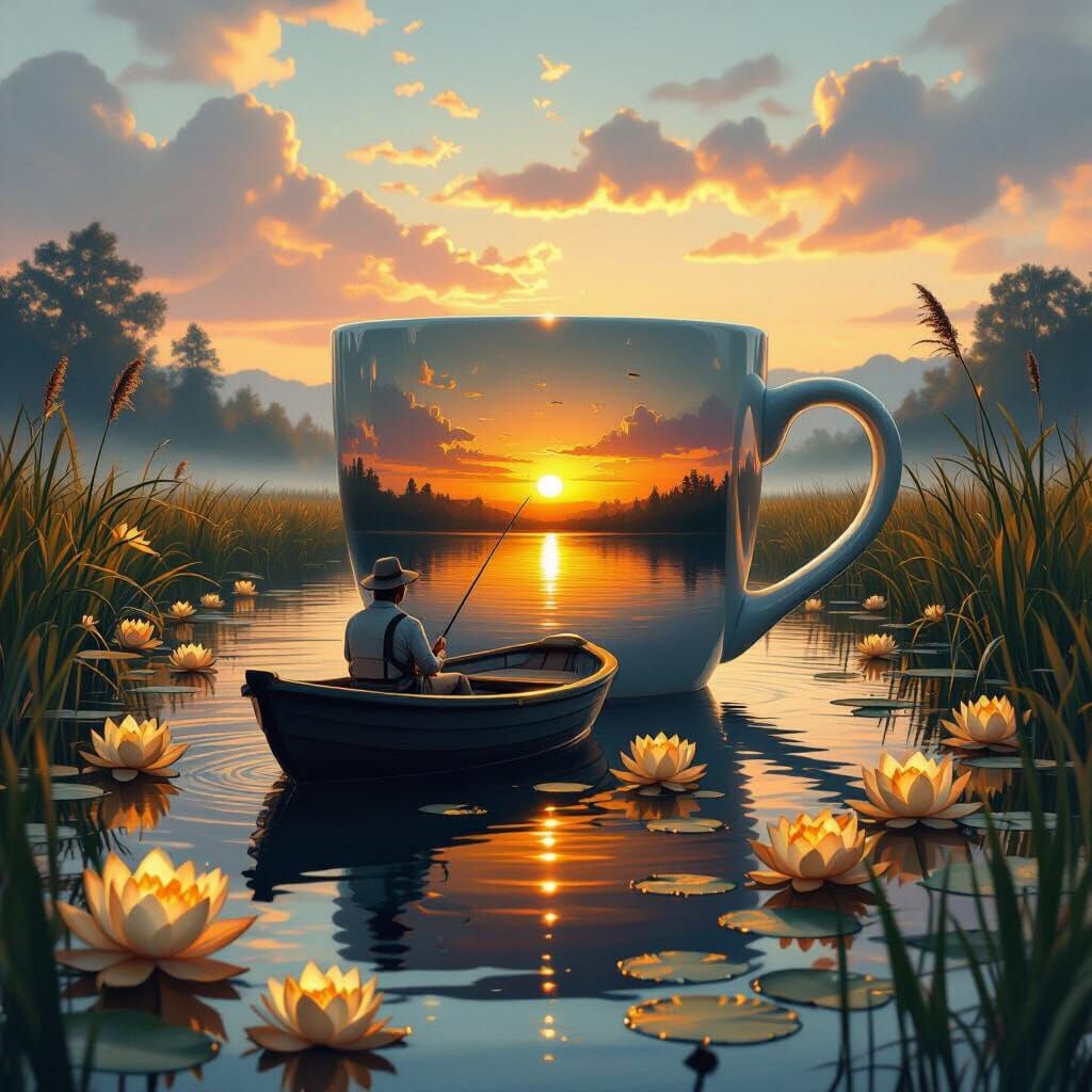 Artisanal coffee mug transformed into a lake, with a man fishing from a small Boston its surface. Golden lotus flowers a...