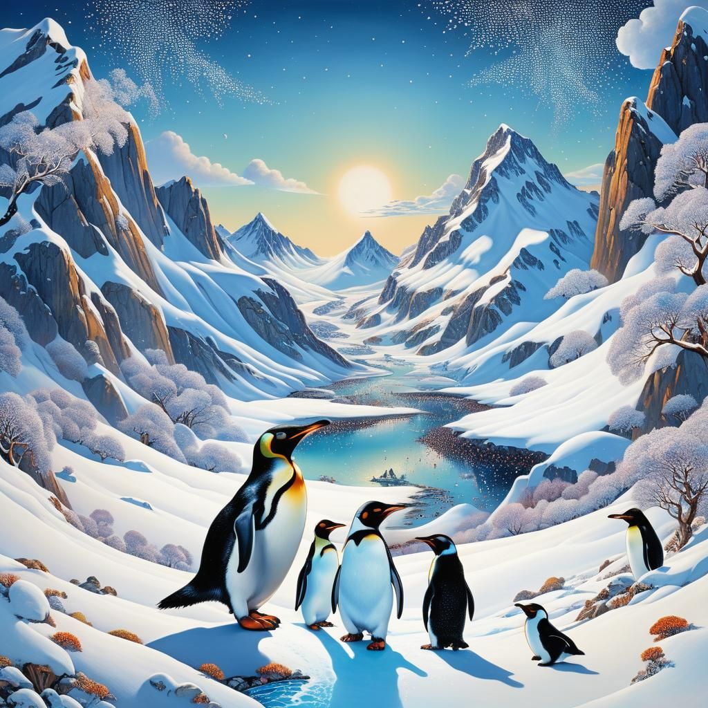 Penguins in Snow Mountains: Surrealist Dreamscape